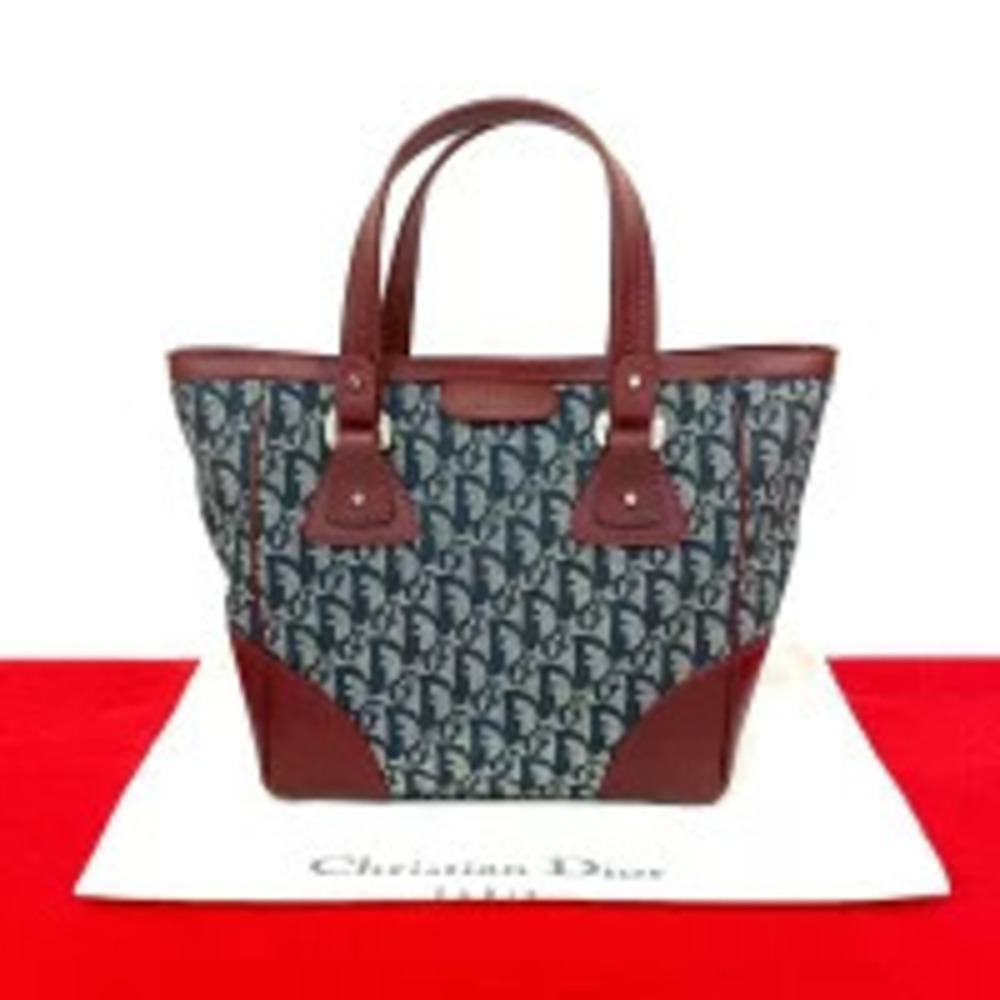Christian Dior Trotter Canvas Leather Handbag Tote Navy Blue Bordeaux Red